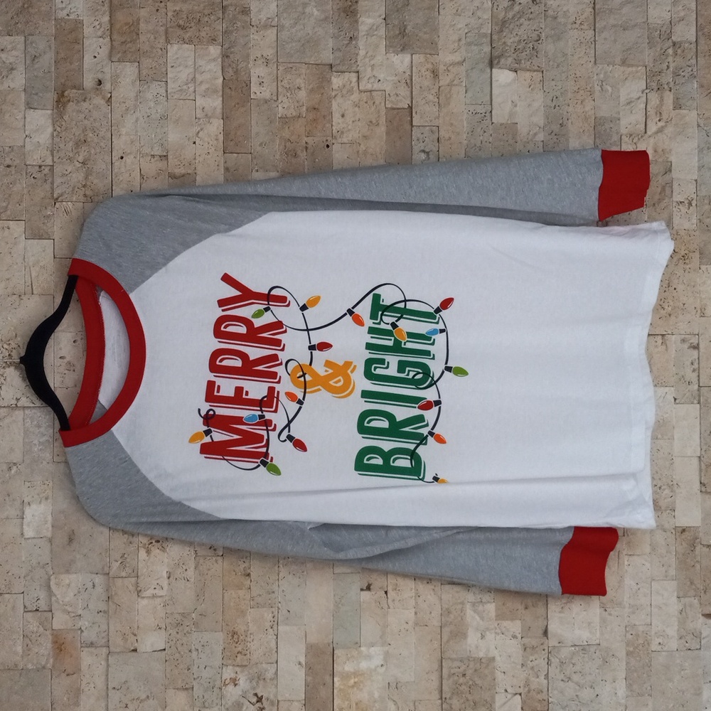 Merry & Bright Christmas T-shirt Women's Colorful Lights Graphic Long Sleeve XL